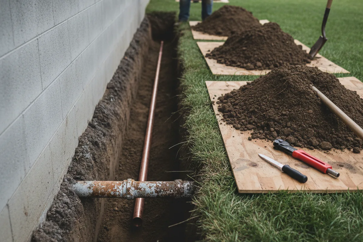 Excavated water line trench during Sewer Line Repair in Nikiski